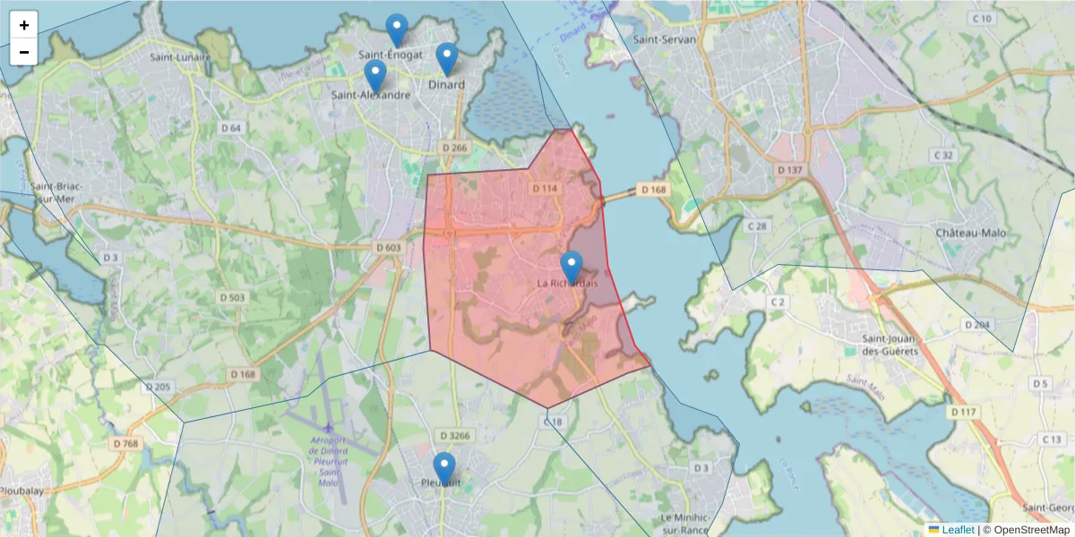 Carte de la zone du code postal  et des codes postaux voisins en France