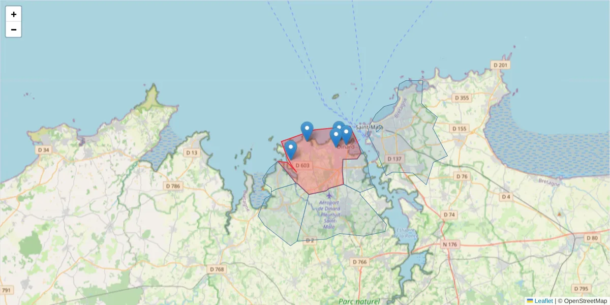 Carte de la zone du code postal  et des codes postaux voisins en France