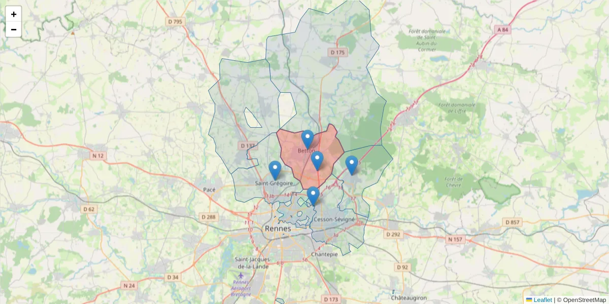 Carte de la zone du code postal  et des codes postaux voisins en France