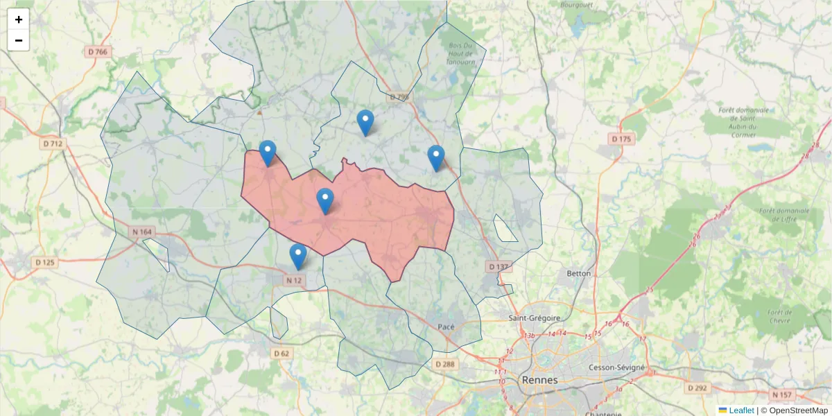 Carte de la zone du code postal  et des codes postaux voisins en France