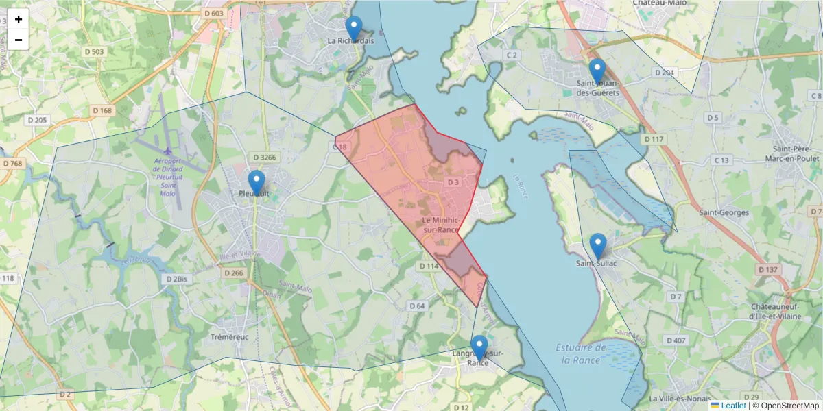 Carte de la zone du code postal  et des codes postaux voisins en France