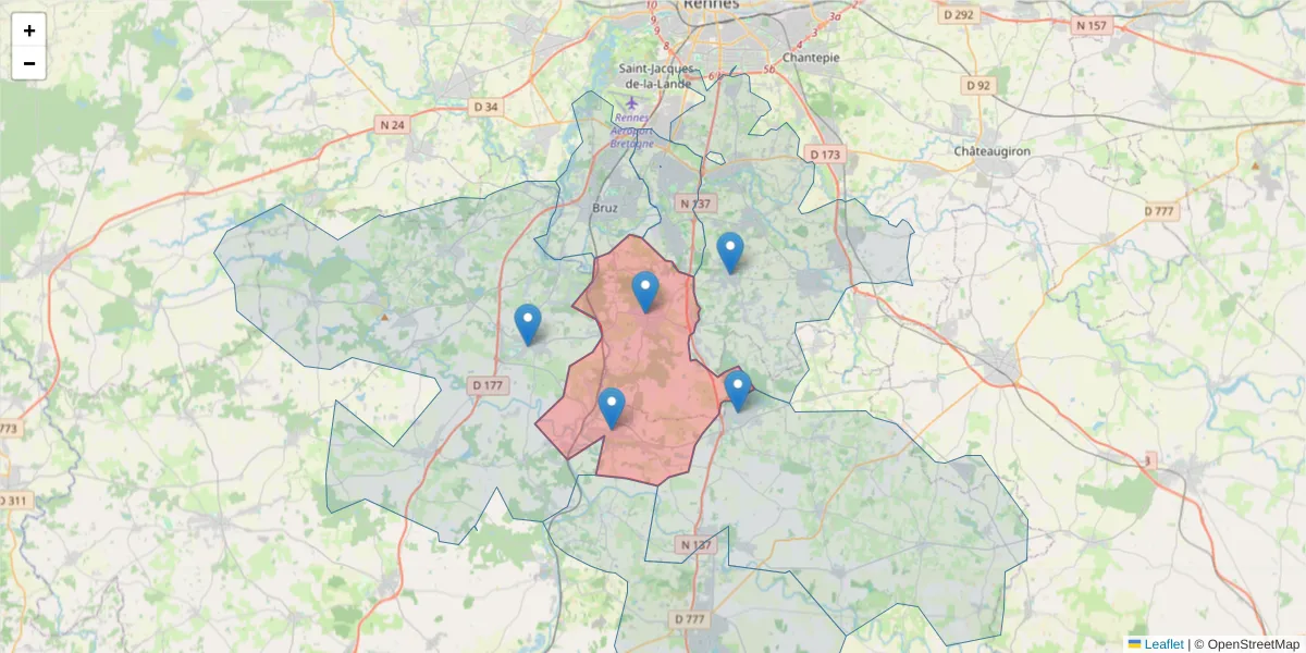 Carte de la zone du code postal  et des codes postaux voisins en France