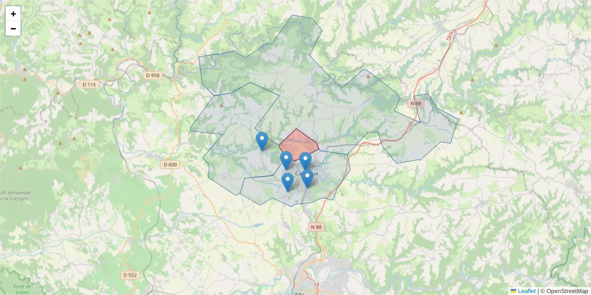 Carte de la zone du code postal  et des codes postaux voisins en France