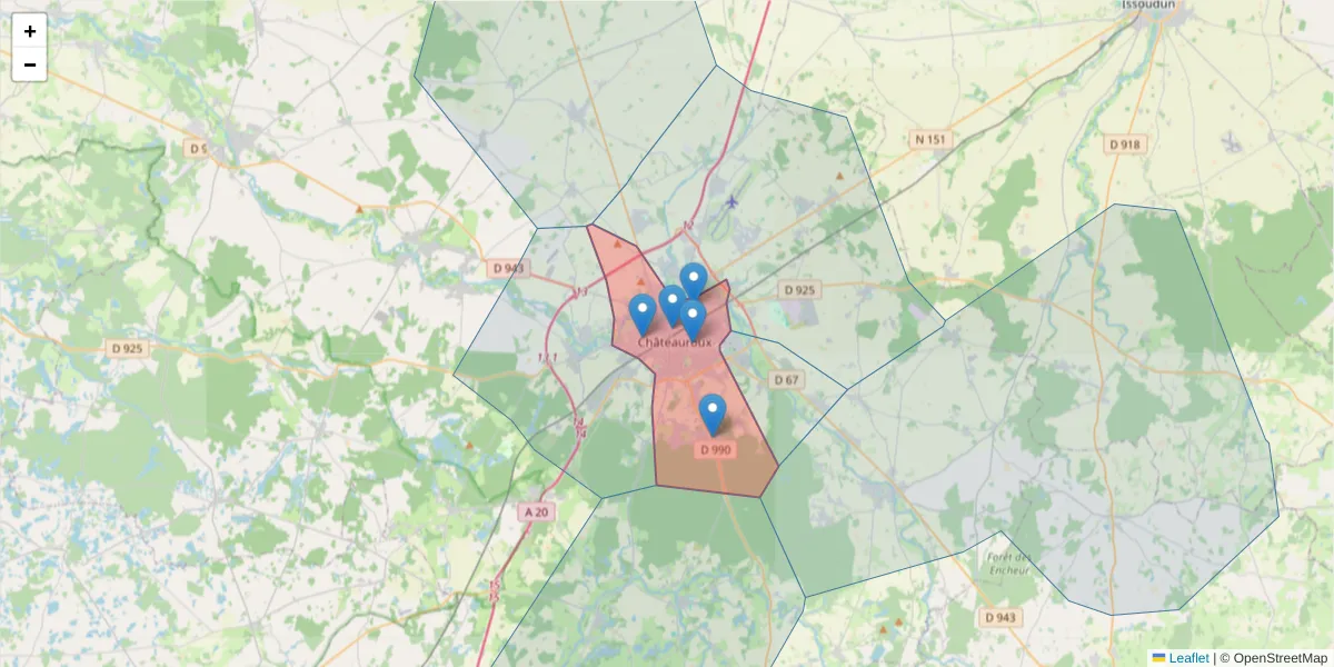 Carte de la zone du code postal  et des codes postaux voisins en France