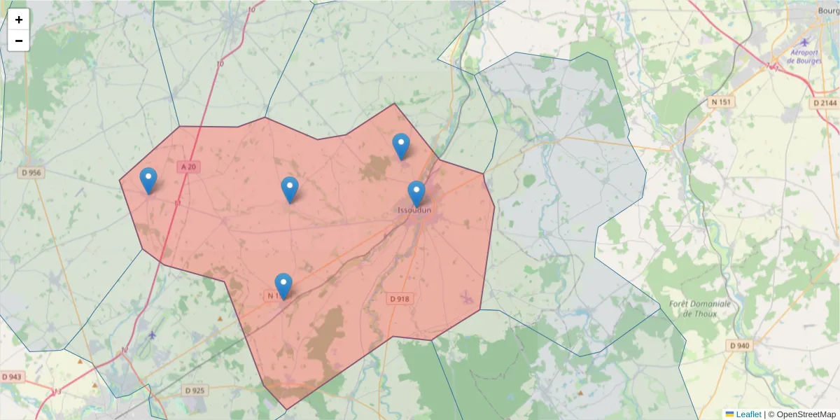 Carte de la zone du code postal  et des codes postaux voisins en France