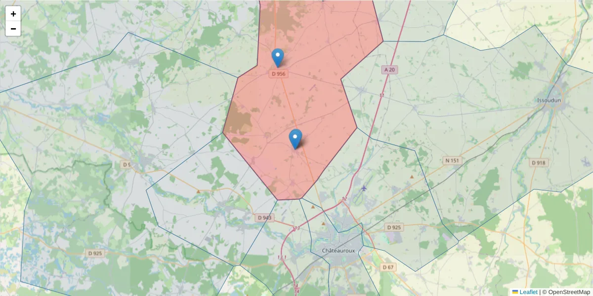 Carte de la zone du code postal  et des codes postaux voisins en France