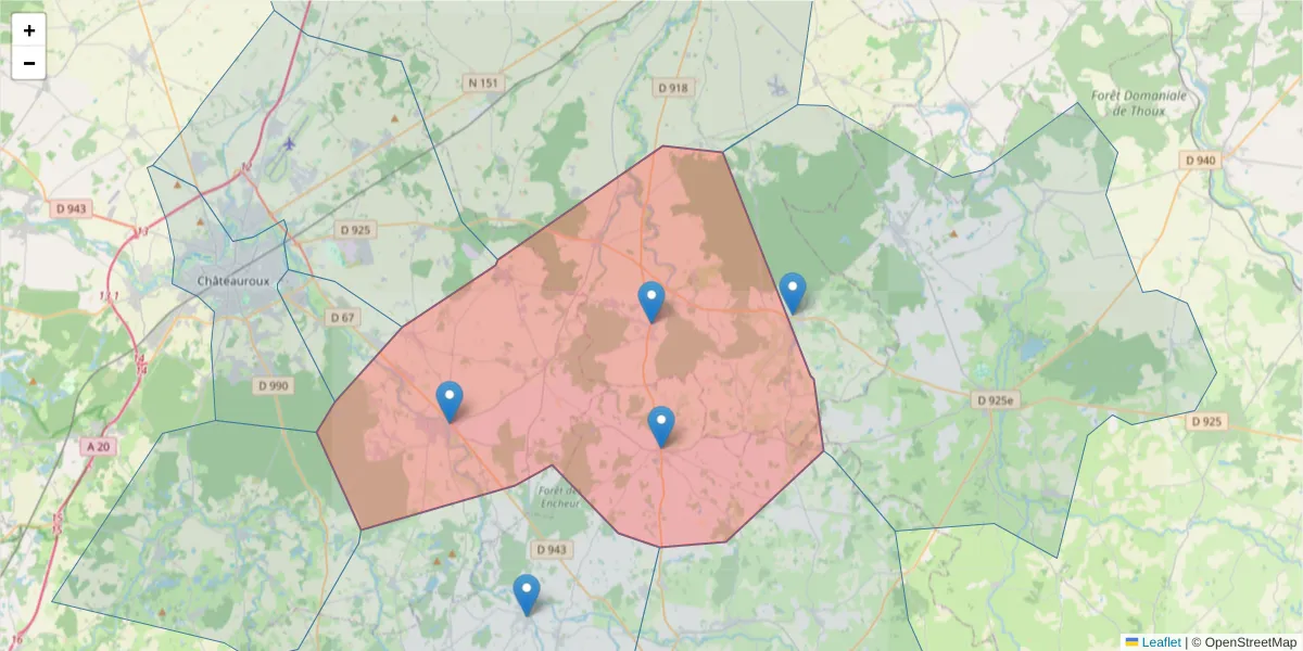 Carte de la zone du code postal  et des codes postaux voisins en France