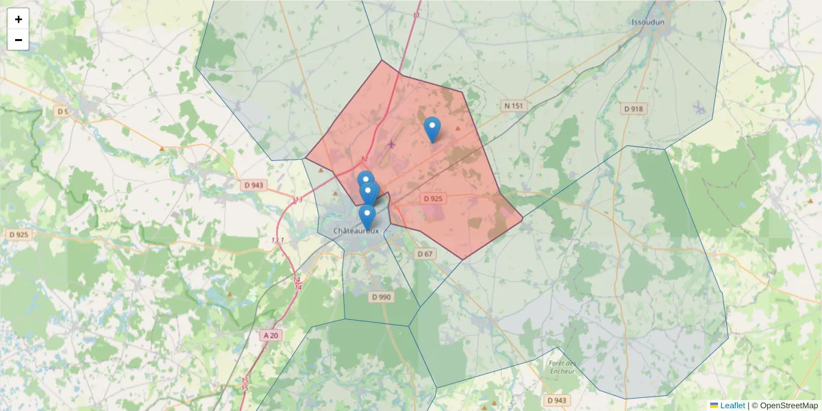 Carte de la zone du code postal  et des codes postaux voisins en France