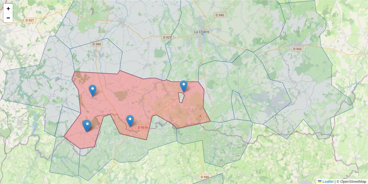 Carte de la zone du code postal  et des codes postaux voisins en France