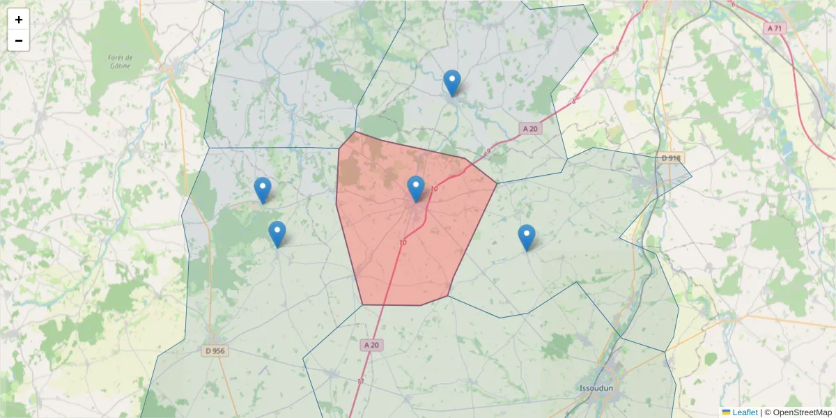 Carte de la zone du code postal  et des codes postaux voisins en France