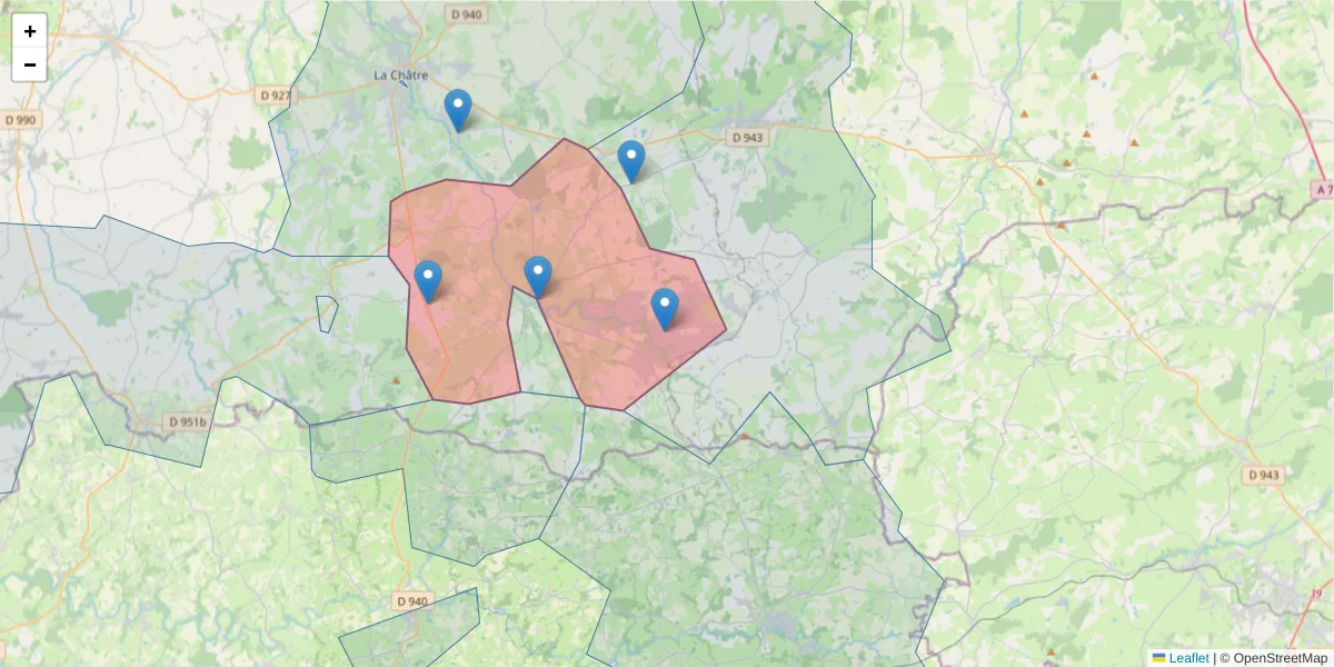 Carte de la zone du code postal  et des codes postaux voisins en France