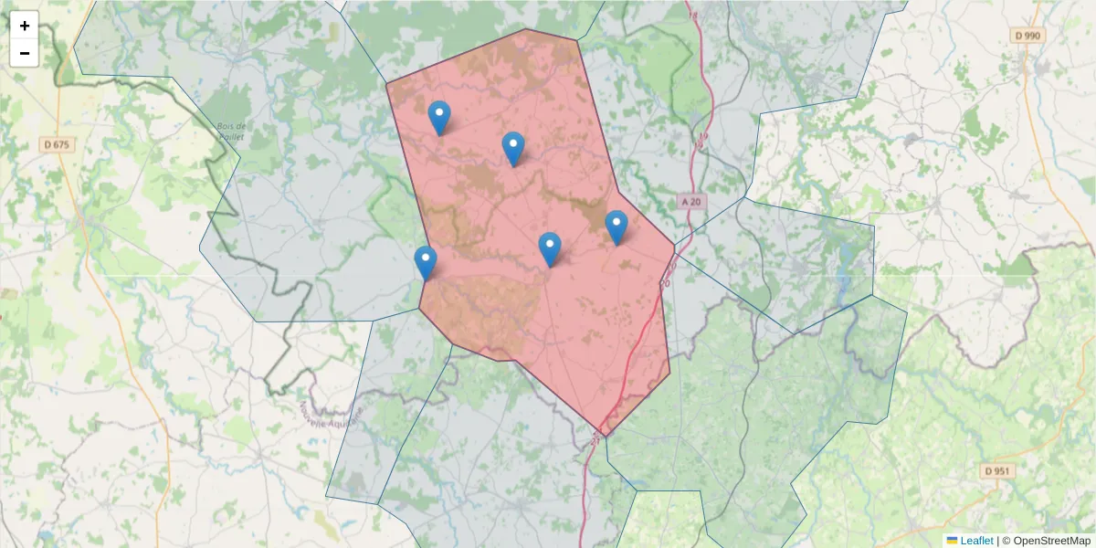 Carte de la zone du code postal  et des codes postaux voisins en France