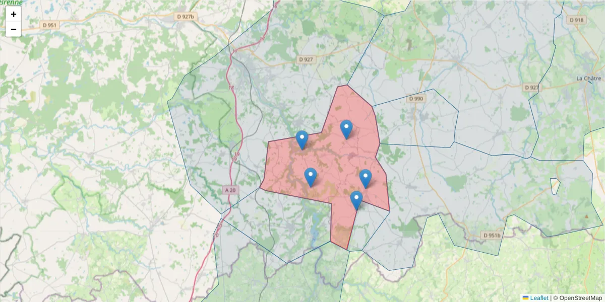 Carte de la zone du code postal  et des codes postaux voisins en France