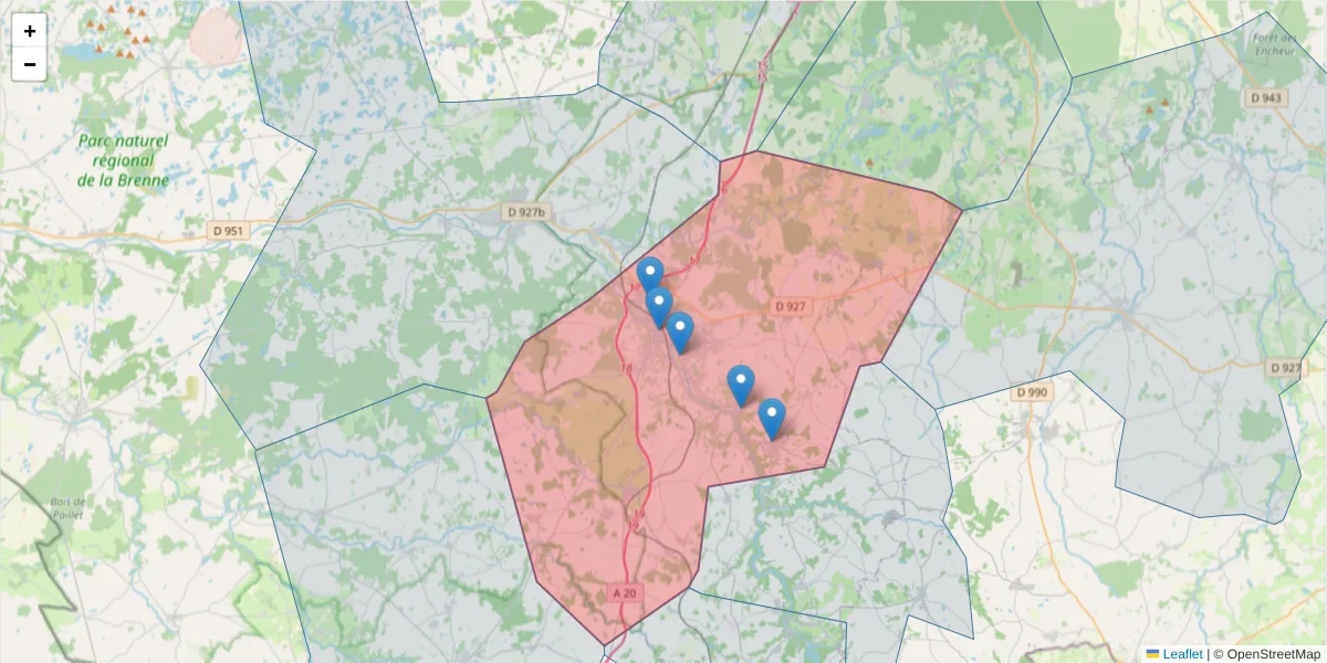 Carte de la zone du code postal  et des codes postaux voisins en France