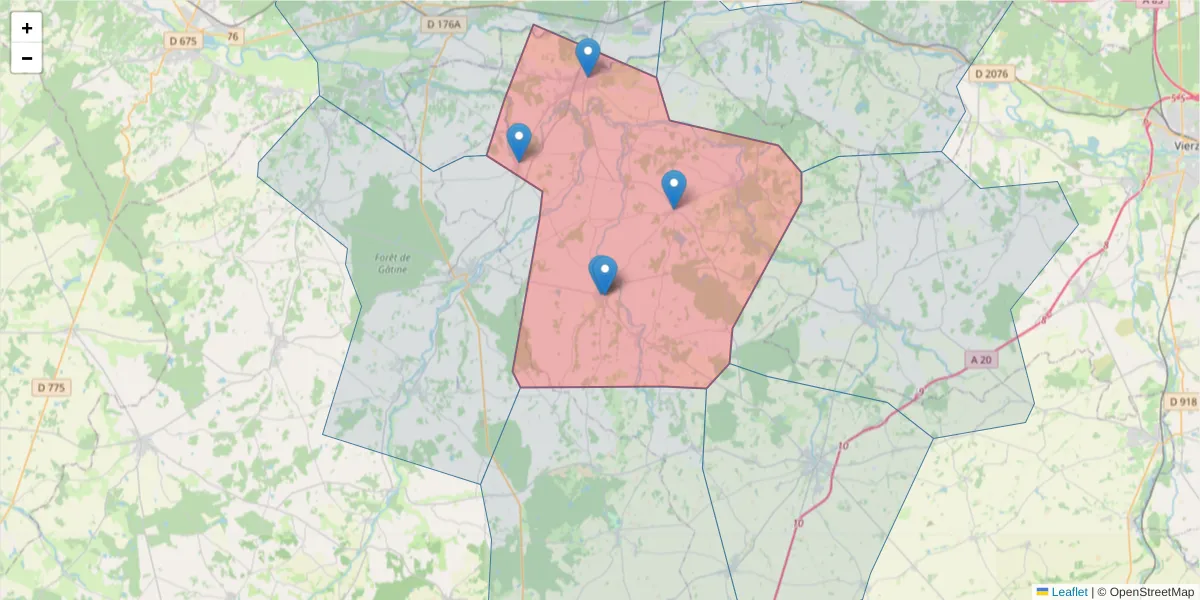 Carte de la zone du code postal  et des codes postaux voisins en France