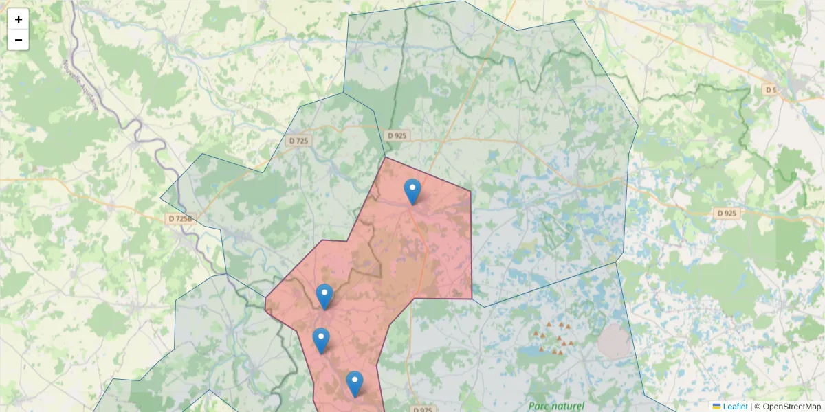 Carte de la zone du code postal  et des codes postaux voisins en France