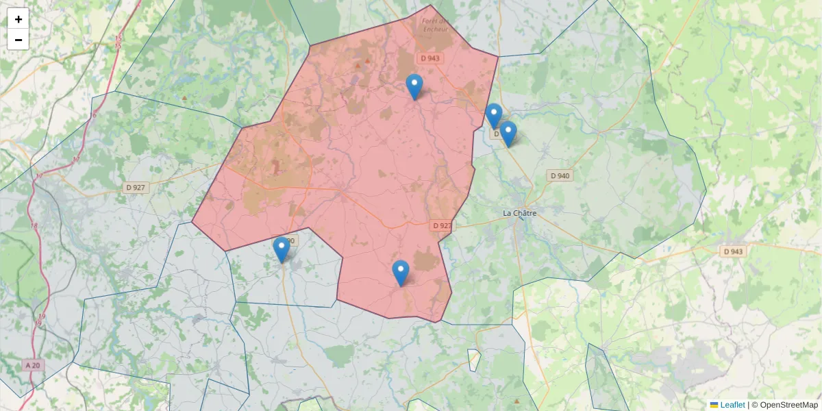 Carte de la zone du code postal  et des codes postaux voisins en France