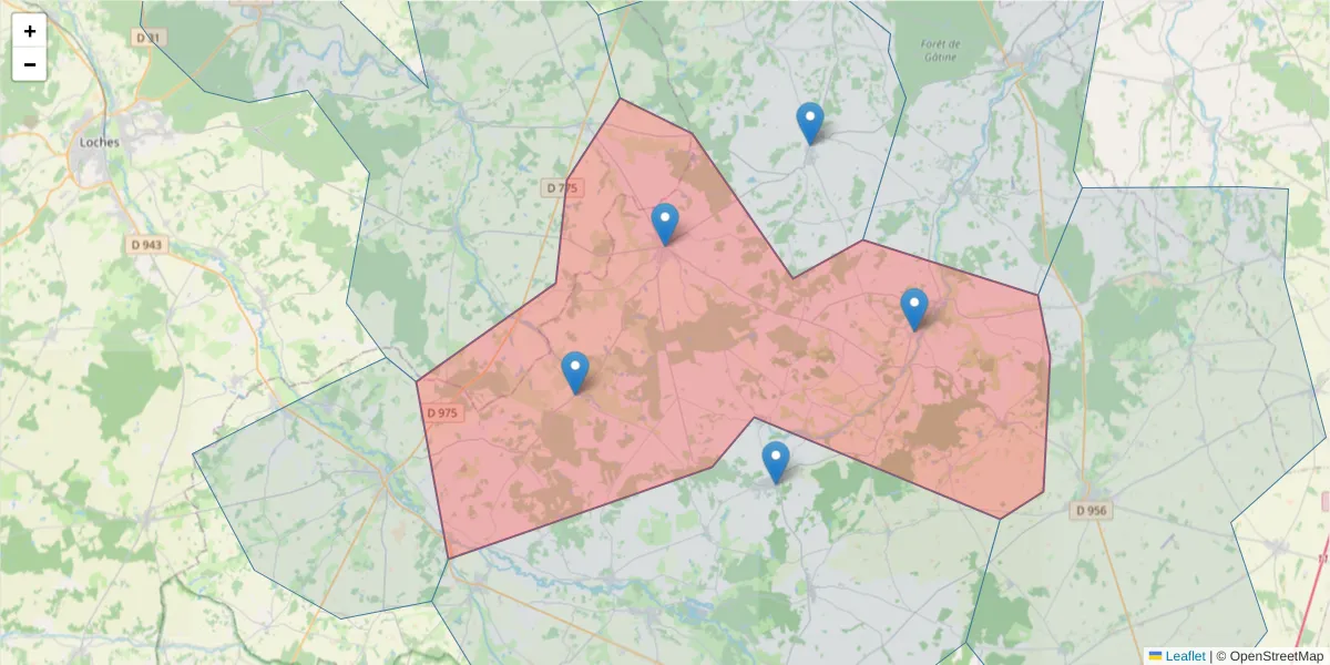 Carte de la zone du code postal  et des codes postaux voisins en France
