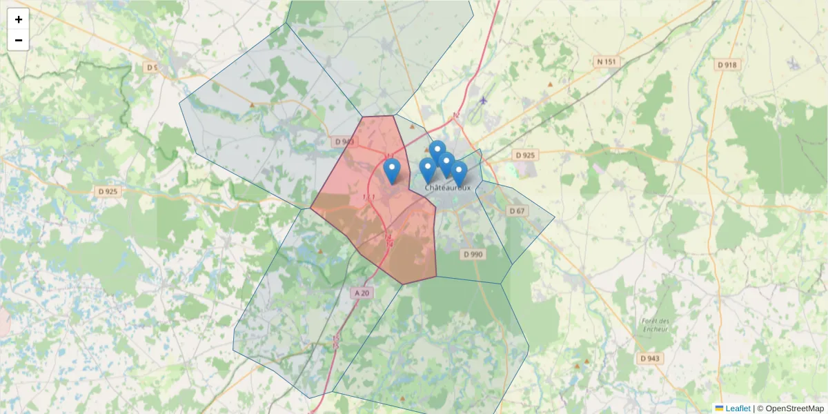 Carte de la zone du code postal  et des codes postaux voisins en France
