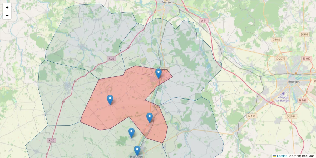 Carte de la zone du code postal  et des codes postaux voisins en France