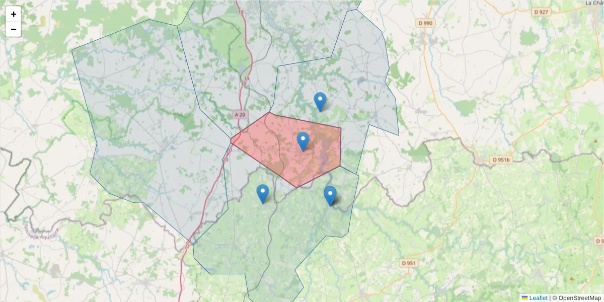 Carte de la zone du code postal  et des codes postaux voisins en France