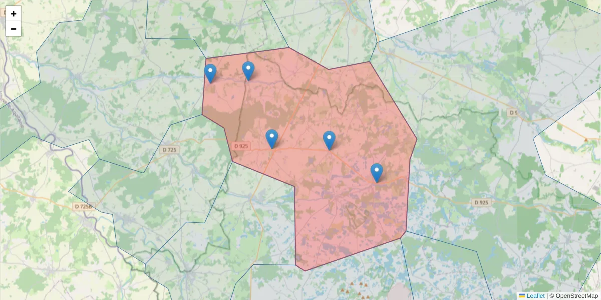 Carte de la zone du code postal  et des codes postaux voisins en France