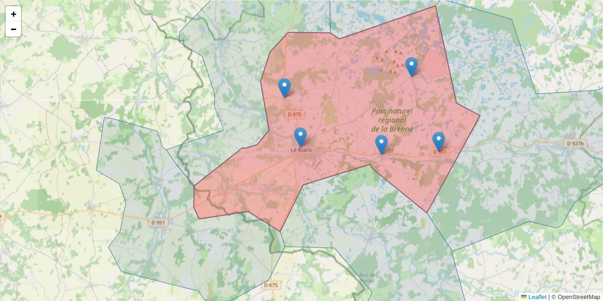 Carte de la zone du code postal  et des codes postaux voisins en France