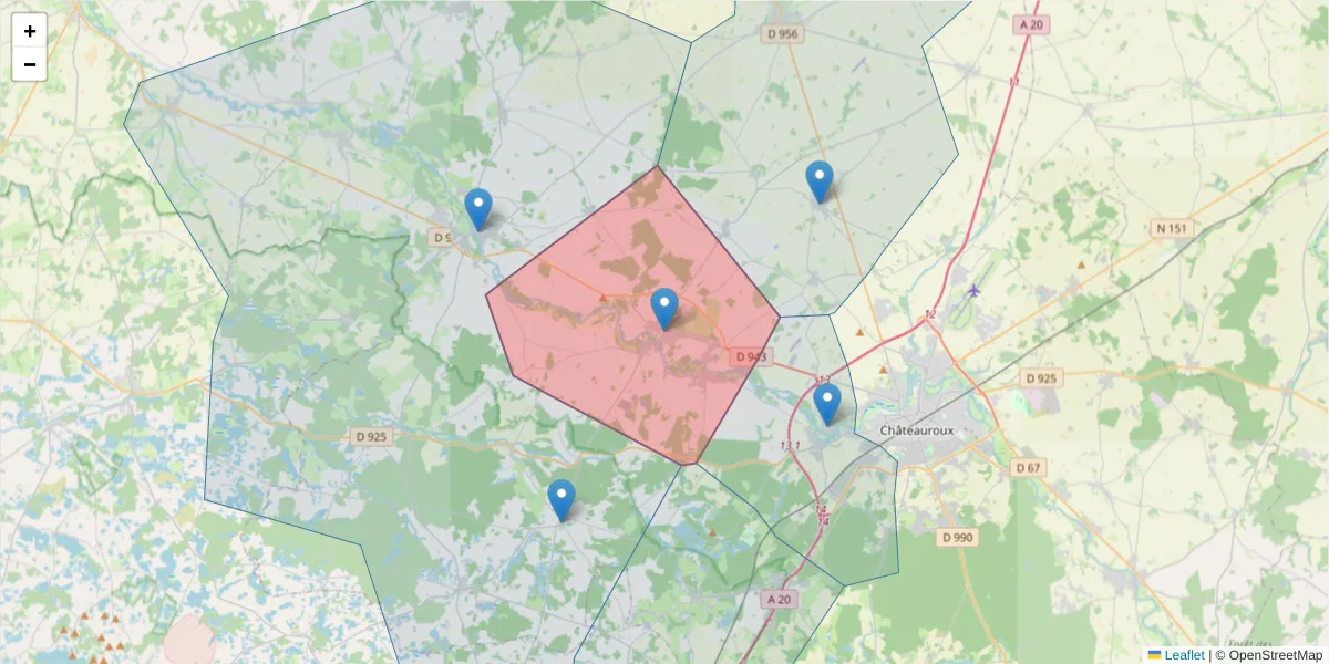 Carte de la zone du code postal  et des codes postaux voisins en France