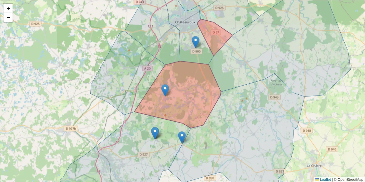 Carte de la zone du code postal  et des codes postaux voisins en France