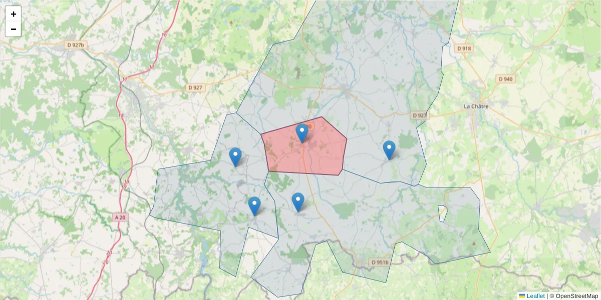 Carte de la zone du code postal  et des codes postaux voisins en France