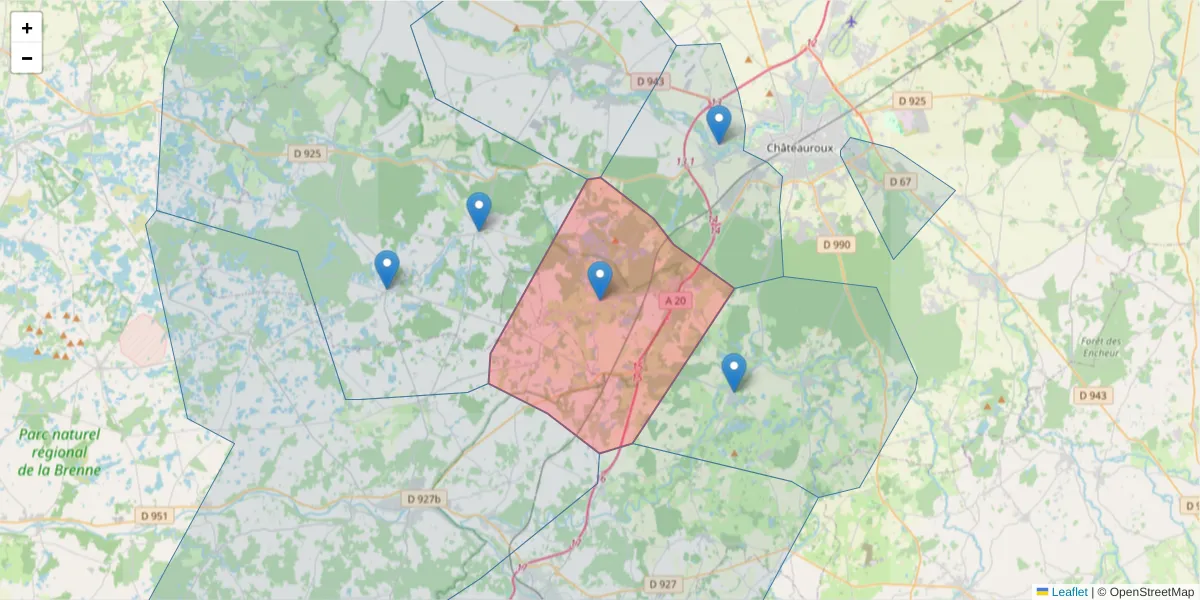 Carte de la zone du code postal  et des codes postaux voisins en France