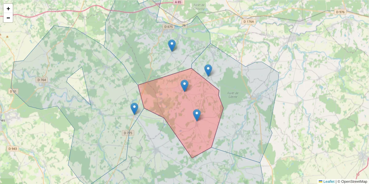 Carte de la zone du code postal  et des codes postaux voisins en France
