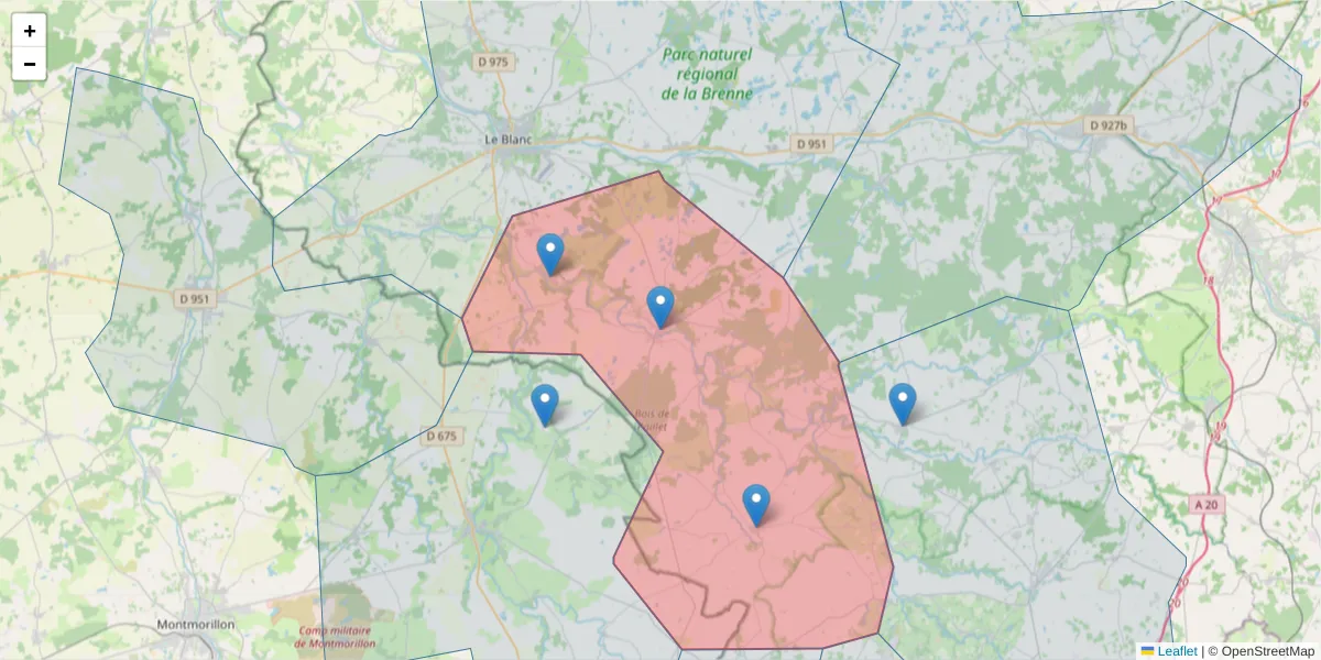 Carte de la zone du code postal  et des codes postaux voisins en France