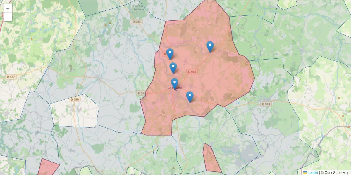 Carte de la zone du code postal  et des codes postaux voisins en France