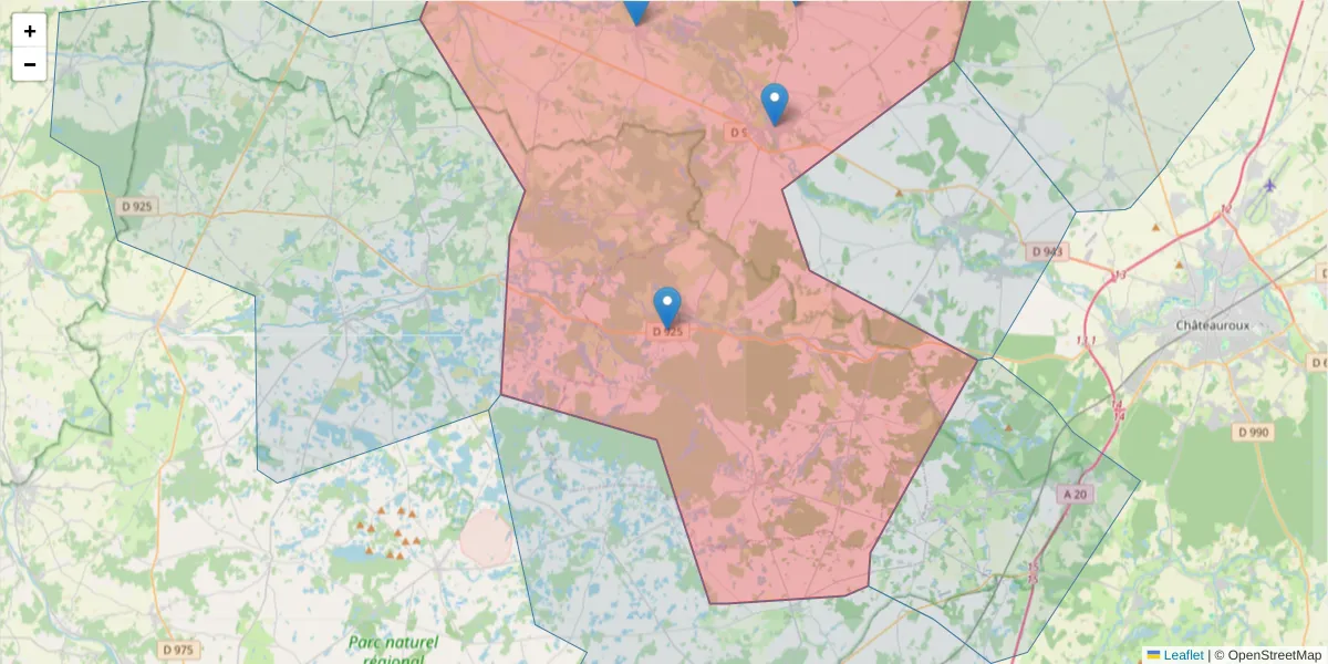 Carte de la zone du code postal  et des codes postaux voisins en France