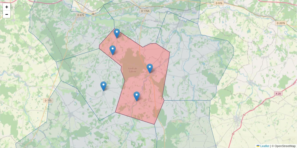 Carte de la zone du code postal  et des codes postaux voisins en France