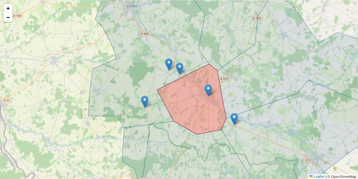 Carte de la zone du code postal  et des codes postaux voisins en France