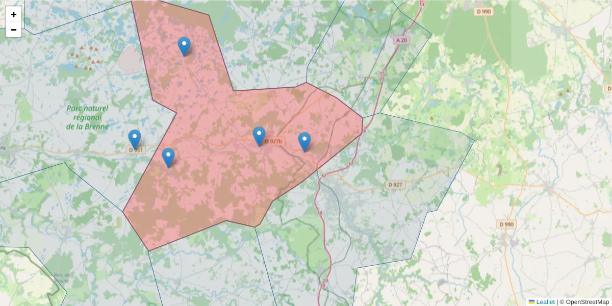 Carte de la zone du code postal  et des codes postaux voisins en France