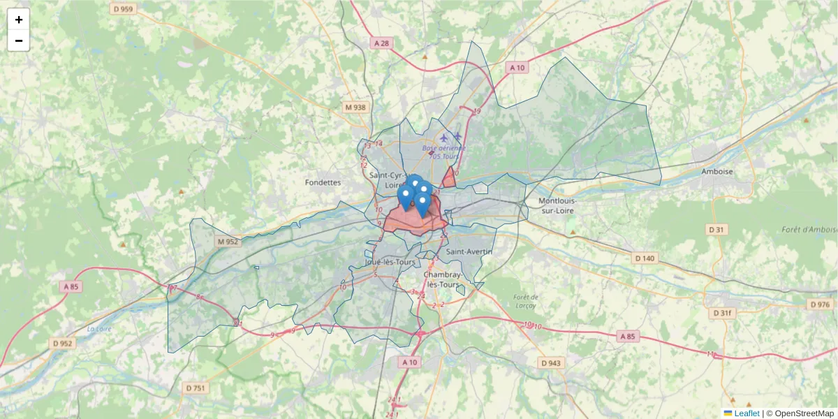 Carte de la zone du code postal  et des codes postaux voisins en France