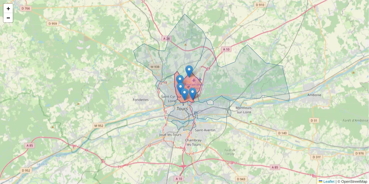 Carte de la zone du code postal  et des codes postaux voisins en France