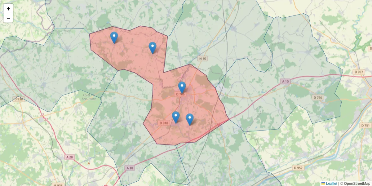 Carte de la zone du code postal  et des codes postaux voisins en France