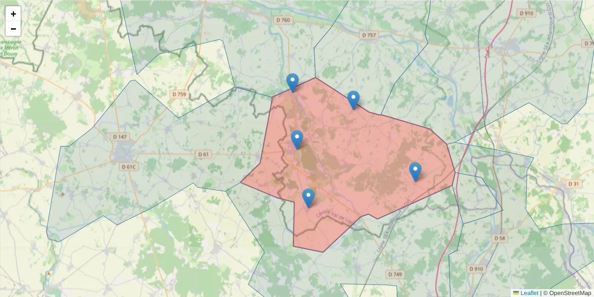 Carte de la zone du code postal  et des codes postaux voisins en France