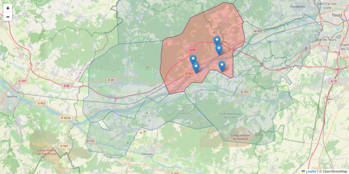 Carte de la zone du code postal  et des codes postaux voisins en France