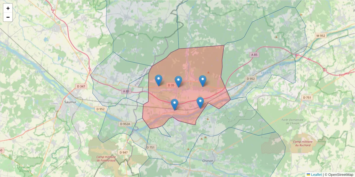 Carte de la zone du code postal  et des codes postaux voisins en France