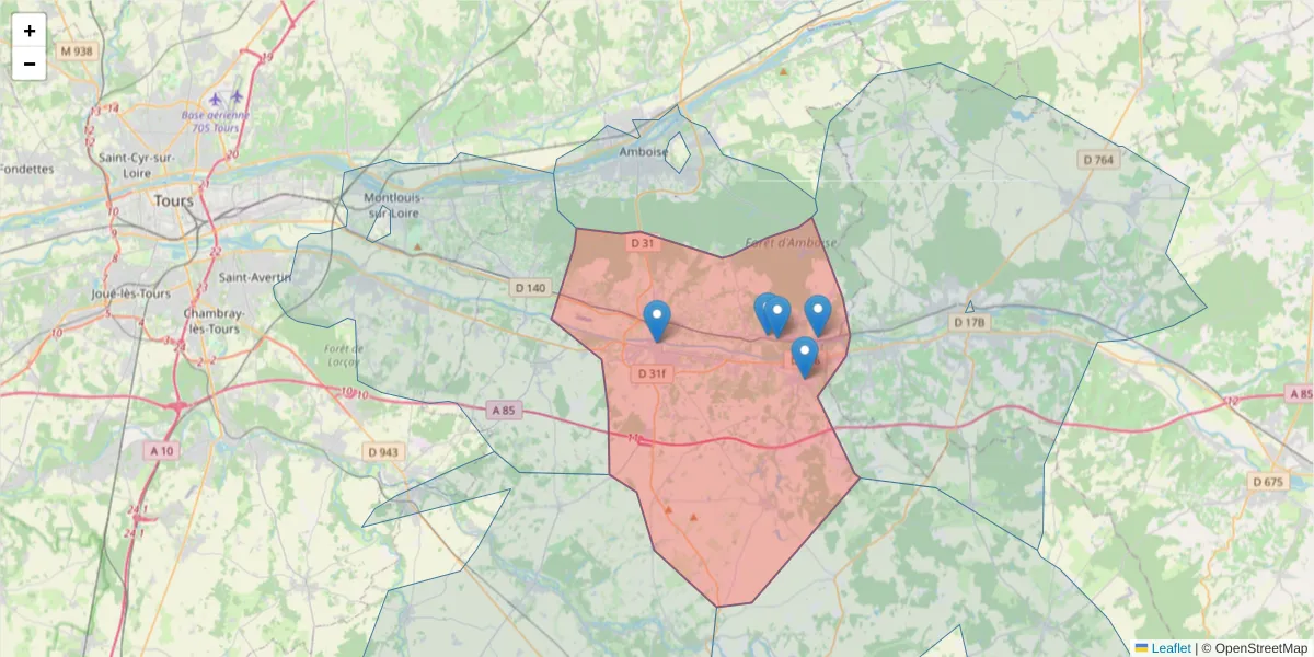 Carte de la zone du code postal  et des codes postaux voisins en France