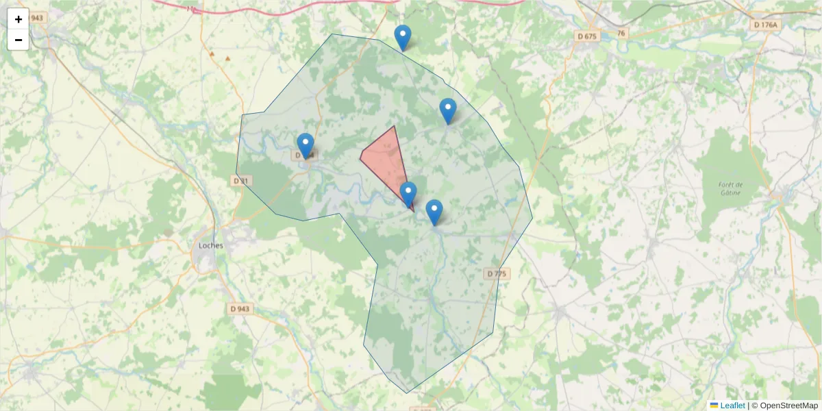 Carte de la zone du code postal  et des codes postaux voisins en France