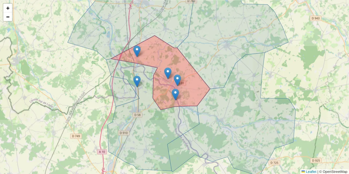Carte de la zone du code postal  et des codes postaux voisins en France