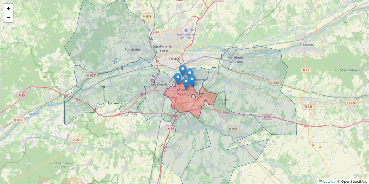 Carte de la zone du code postal  et des codes postaux voisins en France