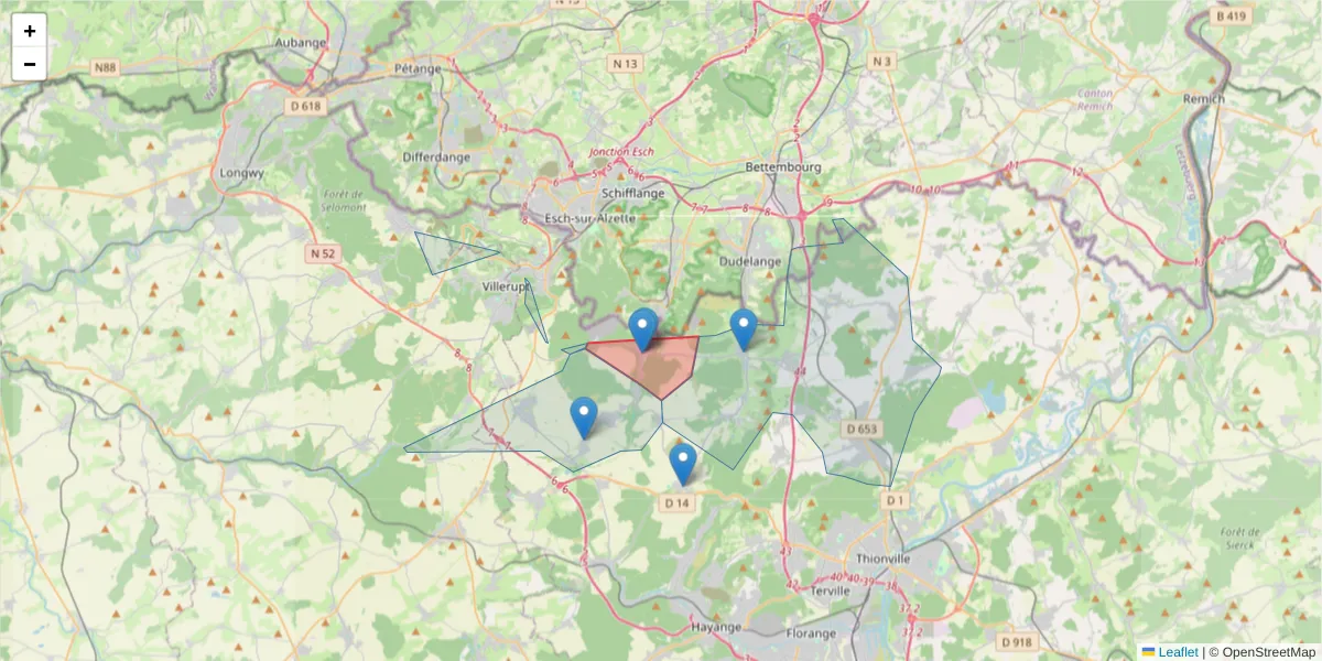 Carte de la zone du code postal  et des codes postaux voisins en France
