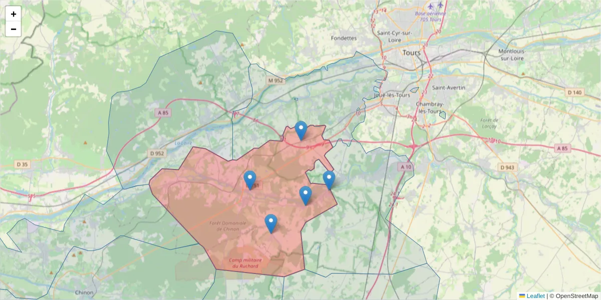Carte de la zone du code postal  et des codes postaux voisins en France